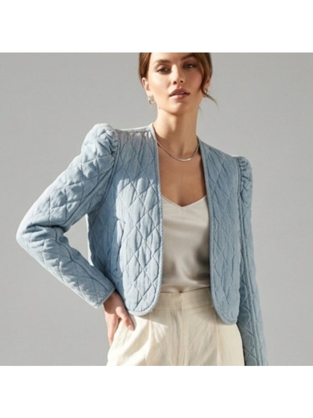 BLANK NYC Cropped Quilted Cotton Blue Jacket Light Wash Puff Sleeve Bolero XS